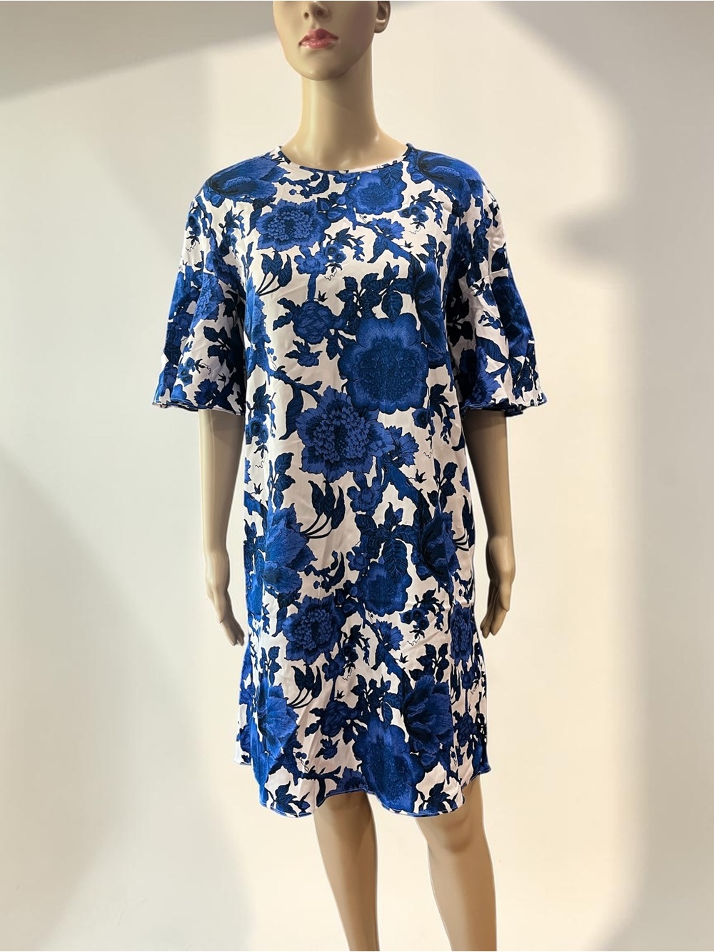 NWT Diane von Furstenberg Arlene Blue & White Floral Cady Shift Dress-S FLAWS